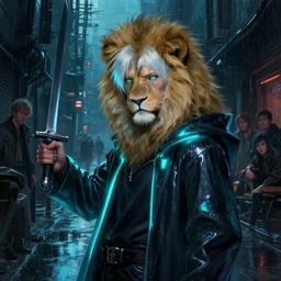 head shot of digital painting of a teenage Synthwave aesthetic albino lion in a dark rainy cyberpunk alleyway while holding a long dagger and wearing a dark cyan neon glowing black cloak reflecting on the wet pavement, by Stanley Artgerm Lau, frank frazetta, Rossdraws, James Jean, gerald brom, Andrei Riabovitchev, Marc Simonetti, and Sakimichan, trending on artstation, cinematic lighting, SFW version