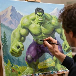 a closeup photorealistic photograph of bob ross working on a canvas painting of hulk. film still. brightly lit scene. mountains and trees. this 4 k hd image is trending on artstation, featured on behance, well - rendered, extra crisp, features intricate detail, epic composition and the style of unreal engine.