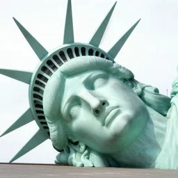 giant oversized statue of libertys head with crown is lying sideways on the ground