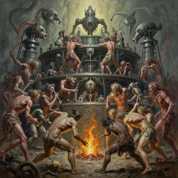 oil paint of 1 1 flayed gods fighting in tiers, medical gangrene machines in tiers, dethroning melee, pit, by shigeru komatsuzaki, wayne d barlowe, stefano tamburini, ember light, muted colors, epic, hyper detailed, awe inspiring, award winning horror, narrative lighting, hyper realism, cinematic