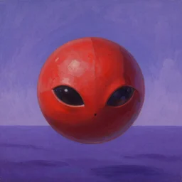 evangelion, red alien sphere like shape, flies over purple sea ocean, detailed, impressionistic, photorealistic by james gurney, willem claesz heda