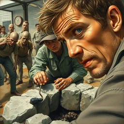 norman reedus is building a well out of rocks, in prison - yard. zombies are watching him. closeup full - color painting by norman rockwell ; detailed facial - features ; highly - detailed.