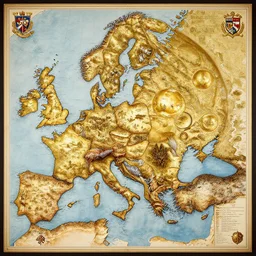highly detailed labeled atlas political map poster of a golden planet, heraldic, detailed, paper drawing, golden, silver and crimson ink, kingdoms and nature, intricate details, warhammer