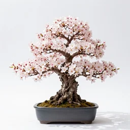 albino cherry blossom bonsai, professional studio photo, full body, isolated on a pure white background, centered, entire subject in frame, sharp focus, soft studio lighting