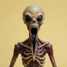 humanoid with crooked teeth, two shallow black eyes, long open black mouth, alien looking, big forehead, horrifying, killer, creepy, photo turning slightly yellow, long open black mouth, dead, looking straight into camera, realistic, slightly red, long neck, boney, monster, tall, skinny, skullish, deathly, in the style of alfred kubin