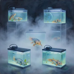 semi translucent 90s tech in LED lit axlotyl tanks submerged in the fog continuum, hyperdetailed painting by Michael Whelan, Vladimir Kush