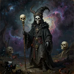 grim-hatter, skull cane, voodoo ritual gear, matte painting art from goya and pirner, cursed oil painting, cosmic nebula color tones, camera footage from the cursed mission