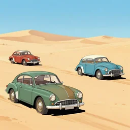 vintage cars in a desert, cartoon, moebius style
