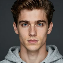 a beautiful portrait of a man with brown hair blue eyes a stunning gaze wearing a hoodie, symmetrical face,