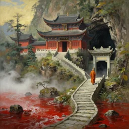 a gorgeous landscape painting by barlowe wayne, maxfield parrish and marco mazzoni. chinese temple. a lonely chinese monk walks on the winding stone steps, stone gate to the dark cave, 3 d, octane render, turbulent blood lake, fog, 8 k.