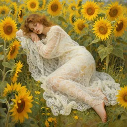 a girl in an artistic resting pose covered in lace intricate translucent loosen cloths surrounded by beautiful sunflowers and meadows, highly detailed digital by artgerm, wlop, by alphonse mucha painting