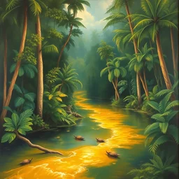 a painting of the idyllic amazon rainforest with a river of liquid gold