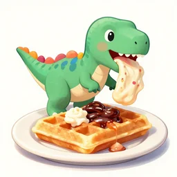 an illustration of a delicious 🌈 dinosaur barbecuing chewing gum waffles in a room with window drapes, outside is a noir future