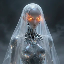 translucent cyborg with flaming eyes, veiled in mist, heroic lighting, dark fantasy, intricate, elegant, highly detailed, lifelike, photorealistic, digital painting, artstation, illustration, concept art, smooth, sharp focus, art by John Collier and Albert Aublet and Krenz Cushart and Artem Demura and Alphonse Mucha