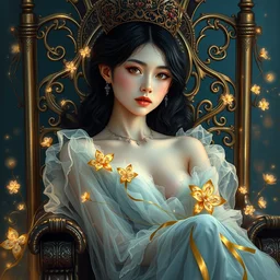 breathtaking detailed soft painting of a beautiful black haired woman with pale skin and a crown on her head sitted on an intricate metal throne with voluptuous kois and intricate flowers of light, art by kelogsloops, gauze dress draped of fireflies and an art nouveau golden ribbons, soft blue tones, elegant, highly detailed, midjourney, concept art, matte, sharp focus