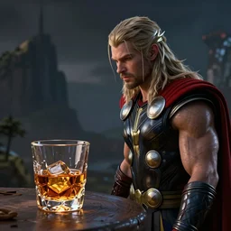 lonely Thor staring at a glass of whiskey, 3d render in blender,