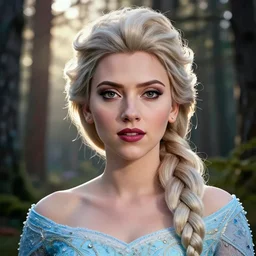 Beautiful elsa, Looks like Scarlett Johansson, In the woods, Dramatic, Edge, Good, Infused, Backlight, De-Noise, VFX, insanely detailed and intricate, hypermaximalist, facial ,elegant, ornate, hyper realistic, super detailed, by Anthony Van Dyck, by Ivan Shishkin, by John Constable