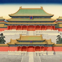 symmetry!! a gorgeous chinese palace in dust, illustration, in the style of ukiyoe, vivid color