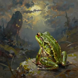 a frog looking the end of world, oil on canvas, artstation, dramatic scenery, masterpiece, aesthetic
