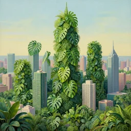 city made out of monstera plants, highly detailed surrealist painting, by michael divine and by yvonne mcgillivray, very very beautiful, trending on artstation