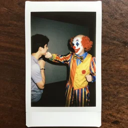a funny polaroid photo of a clown punching a person, color, funny,
