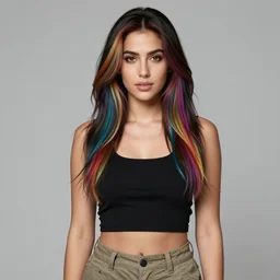 a award winning half body portrait of a beautiful woman with stunning eyes in a croptop and cargo pants with hair like rainbow colored smoke by josan gonzales, outlined by whirling illuminated neon lines, outrun, vaporware, shaded flat illustration, digital art, trending on artstation, highly detailed, fine detail, intricate