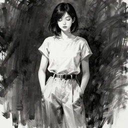portrait of a girl in long pants and a top, hands in pockets, eyes closed, red color heart shaped tattoo on the right hand, bob haircut, digital art, black and white, illustration by junji ito and kaoru mori