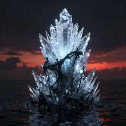 octane, blender, zbrush render, render uhd, 8 k art photography, filmic lighting, cinematic art shot, hyperrealistic, hyperdetailed, super detailed, uhd, uhd, 8 k, high resolution, mysterious strangle glowing crystalline ice ice ice structure, black fluid simulation, painting by ross tran and ivan aivazovsky, black water, sunset by zdzisław beksinski