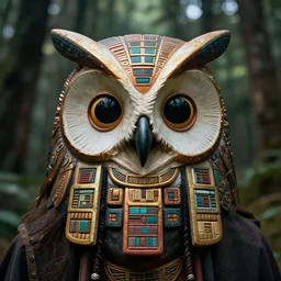 portrait, wearing an owl mask, mask inspired by an owl, in a forest, aztec, digital art, greg rutkowski