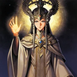 a portrait of a scifi technopriest woman, invocation of the singularity, long robes, elaborate headdress, sharp focus, matte illustration by yoshitaka amano, cover art