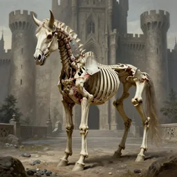 A spiked horned detailed horse skeleton with armored joints stands in a large castle with a pebble in hands and toes. Wearing massive shoulderplates. Extremely high details, realistic, fantasy art, solo, masterpiece, bones, ripped flesh, art by Zdzisław Beksiński, Arthur Rackham, Dariusz Zawadzki, Harry Clarke