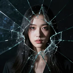 masterpiece portrait of a beautiful woman seen through a fractured crystal, dark background, dramatic lighting