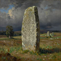 runestone on a field with trees in the distance, runic inscription, ancient writing, megalithic, monument, nature, hills, focused, centered, very detailed, norse, history, oil painting, Albert Bierstadt, Theodor Kittelsen, Hermann Hendrich