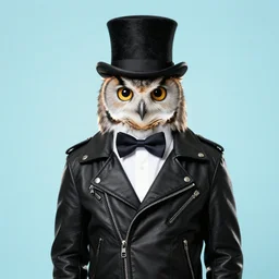 owl wearing black biker jacket, portrait photo, backlit, studio photo, bow tie, background pastel, kobalt blue, tophat head