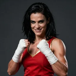 a portrait a woman in her twenties, muscular, wearing red tanktop vest with gold lining, smirking, white bandages on fists, black hair, shoulder length hair, serious, style by donato giancola, wayne reynolds, jeff easley dramatic light, high detail, cinematic lighting, artstation, dungeons and dragons