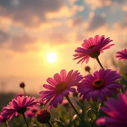 a closeup photorealistic photograph of flowers, a beatiful sunset, fantastic four theme. bright scene. fine detail. this 4 k hd image is trending on artstation, featured on behance, well - rendered, extra crisp, features intricate detail, epic composition and the style of unreal engine.