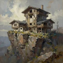 concept art of brutalist big house on cliffs, hard rocks, oil painting by jama jurabaev, extremely detailed, brush hard, artstation, for aaa game, high quality, brush stroke