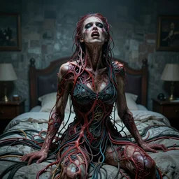 rgb, woman, bedroom, rage, cinematic, movie scene, inspired by zdzislaw beksinski, clothes made out of veins,, cables everywhere, bedroom, ultra realistic, concept art, intricate details, highly detailed, photorealistic, octane render, 8 k