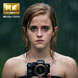 Emma Watson standing outside in the rain, sad, modelsociety, radiant skin, huge anime eyes, RTX on, perfect face, directed gaze, intricate, Sony a7R IV, symmetric balance, polarizing filter, Photolab, Lightroom, 4K, Dolby Vision, Photography Award