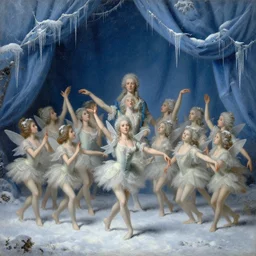 polovstian dances and chorus, tiny faeries, winter blue drapery, very light snow, icicles, stoic, light dust, magnificent, hyperdetailed, theatrical, close up, masterpiece, painted by jean honore fragonard and greg rutkowski