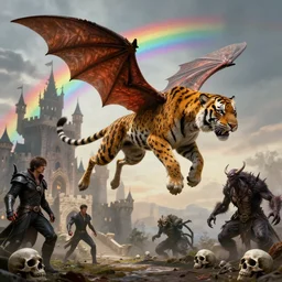an animal with ant legs and bat wings with a leopard body and tiger face flying over a castle with a rainbow in the background and skulls on the ground by hr giger, greg rutkowski, luis royo and wayne barlowe as a diablo, resident evil, dark souls, bloodborne monster : : hyper realistic, ultrarealistic, realism, photoreal, 8 k : :