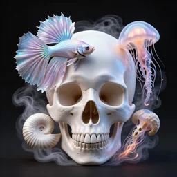 minimalistic iridescent 3 d close - up swirly skull made of giant gladiola betta fish and ram skull jellyfish phoenix with nautilus surrounded by smoke and water fire energy flow, highly detailed. octane render, excellent composition, by wlop, tooth wu, greg rutkowski, alena aenami, beeple