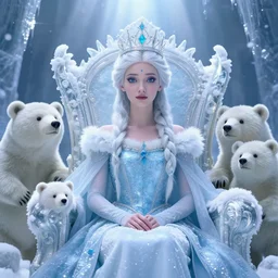 highly detailed closeup portrait of a snow, ice princess, she is wearing a crown, she is sitting on a throne, fluffy bears are standing around, nicoletta ceccoli, mark ryden, lostfish, earl nore, global illumination, god rays, detailed and intricate environment