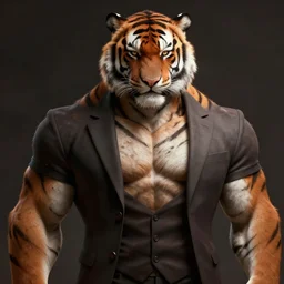 portrait painting of a 3 0 years old rugged masculine muscular furry tiger in suits ， pixiv ， unreal render cinematic light