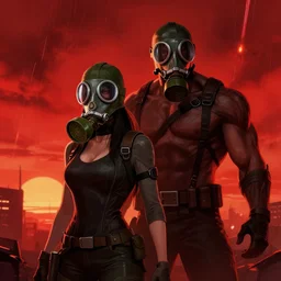 A gas masked woman with a gas masked muscle man, red sky,fire raining, sunset, eerie, scary, digital art made by Stanley Artgerm Lau, WLOP, Rossdraws, James Jean, Andrei Riabovitchev, Marc Simonetti, Yoshitaka Amano, ArtStation, CGSociety