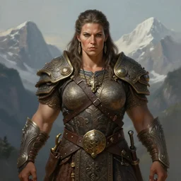 portrait shot of a strong massive barbarian woman in the mountains, intricate, elegant, highly detailed, centered, digital painting, artstation, concept art, smooth, sharp focus, illustration, artgerm, tomasz alen kopera, peter mohrbacher, donato giancola, joseph christian leyendecker, wlop, boris vallejo