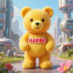 portrait of haribo bear in future city, color and shape focus, cnetral composition, natural light, bloom, puff, by simon stalenhag and rene magritte and