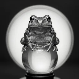 A big frog that looks straight at the camera. The frog sits on top of a backlit glass sphere. Central composition. Monochrome, high contrast, 24mm tilt-shift. Award-winning photo.