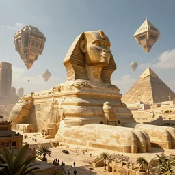 a scene of the beautiful intricate epic futuristic city with a huge cyber sphinx, floating cyber pyramids, hyper detailed, cinematic lighting