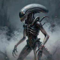 painting of xenomorph in the style of HR Giger, movie scene, volumetric fog, slimy skin